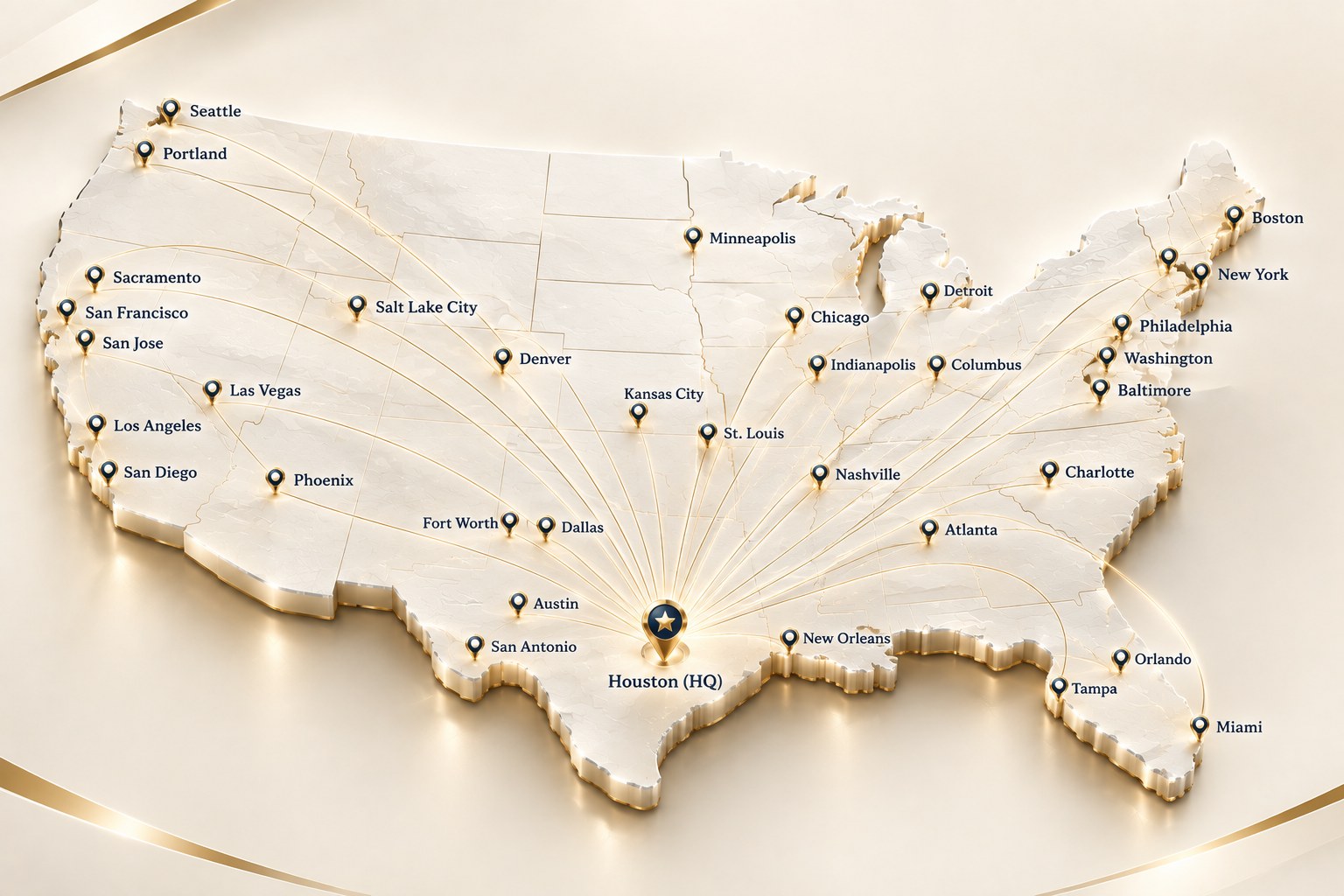 Map of BLACKBADGE nationwide coverage, headquartered in Houston with chauffeurs serving 35+ U.S. cities